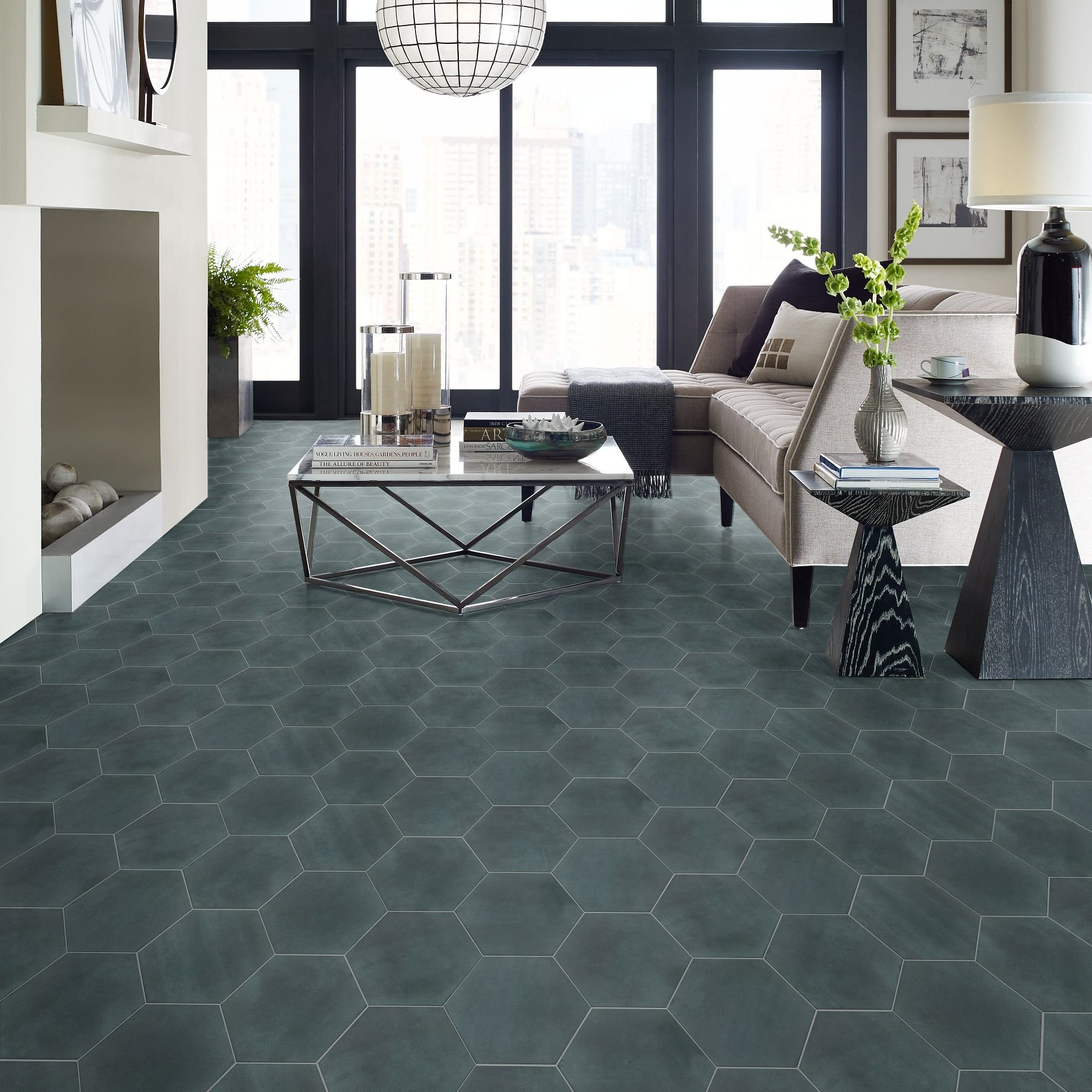 dark green tile in living room with beige furniture and fireplace